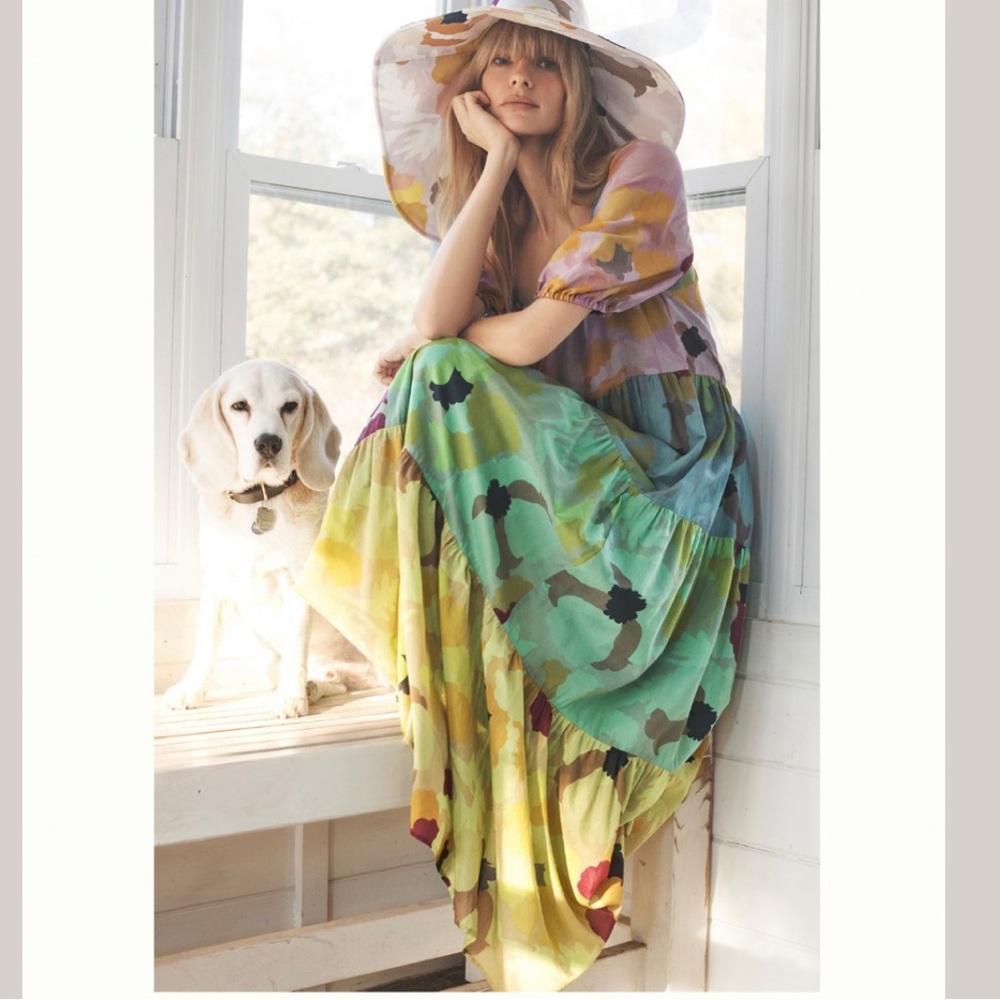 NWT Anthropologie Caroline Tiered Silk Blend All over print Maxi Dress XS